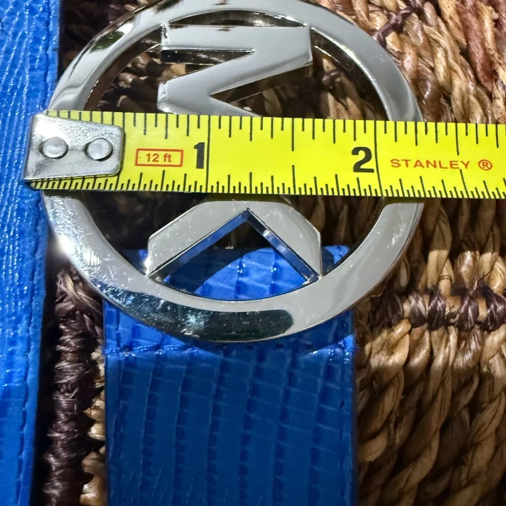 Michael Kors Stretch Straw Belt MK Logo‎ Buckle Sz L 39” Blue Silver Embossed